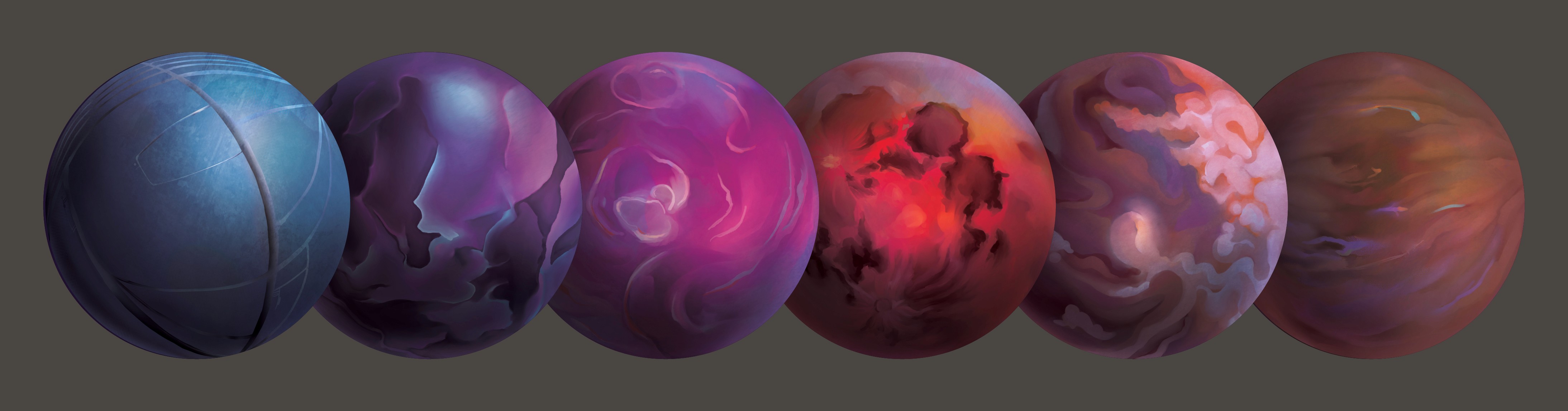 Original planet illustrations with different concepts: cyborg dolphins, jelly creatures, evil moon men, slime mold, etc.