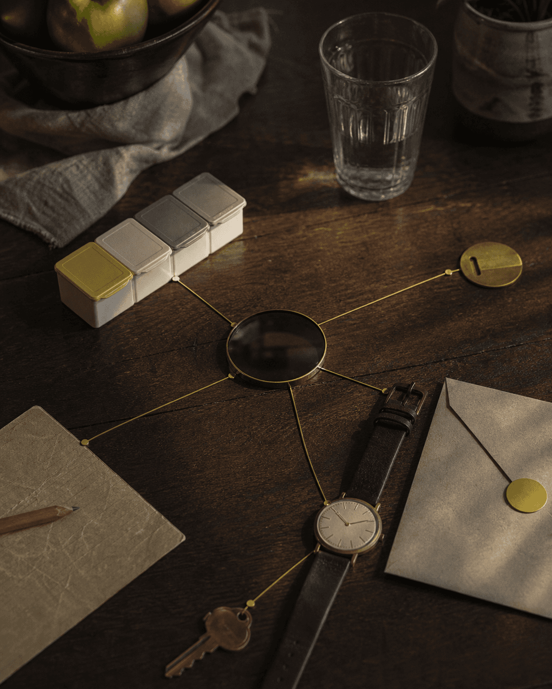 Everyday health, time, financial, and access objects connected across a shared table.