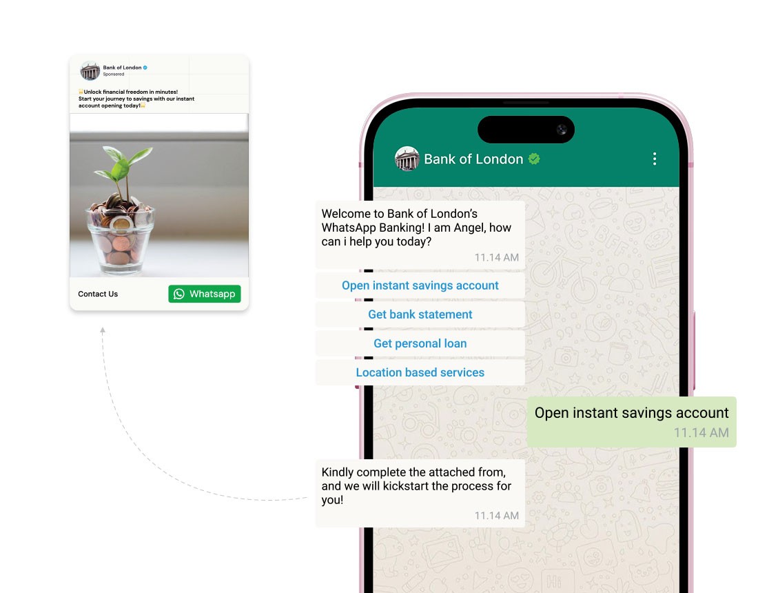 Digital illustration showing a mobile phone screen with a WhatsApp chat from "Bank of London" offering instant savings account opening and other banking services. A separate chat bubble shows an ad with an image of a plant growing in a glass filled with coins