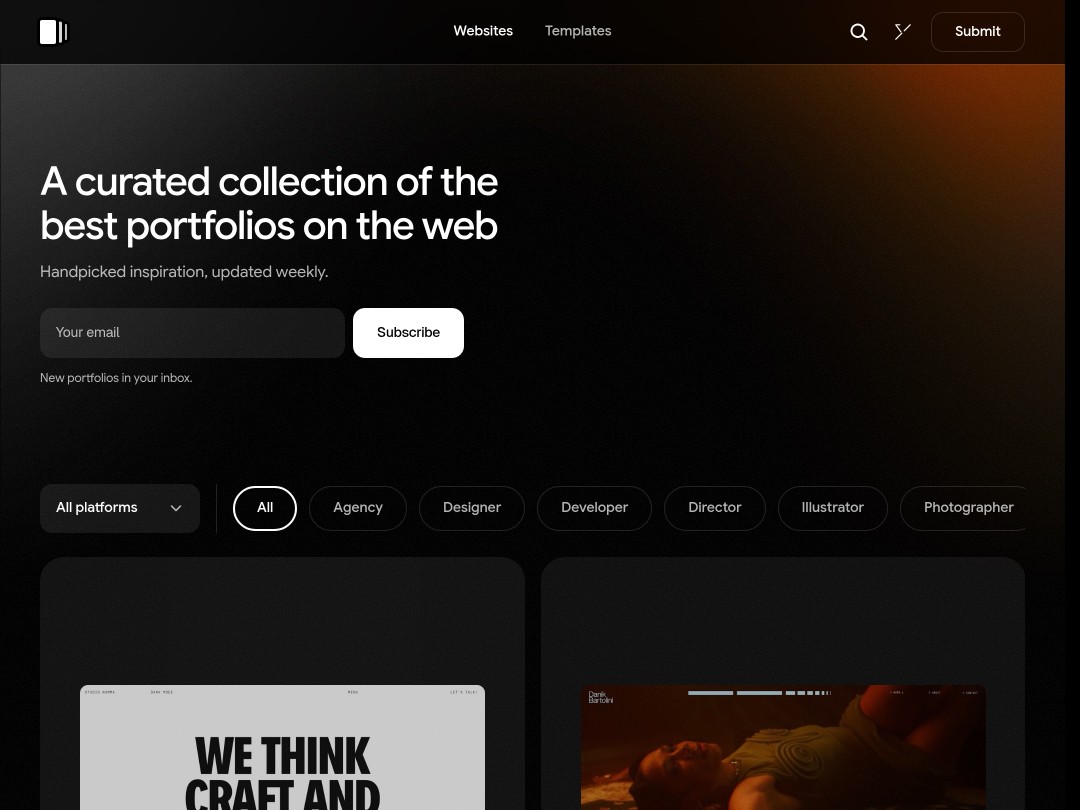 Website showcasing curated online portfolios with a subscription option.
