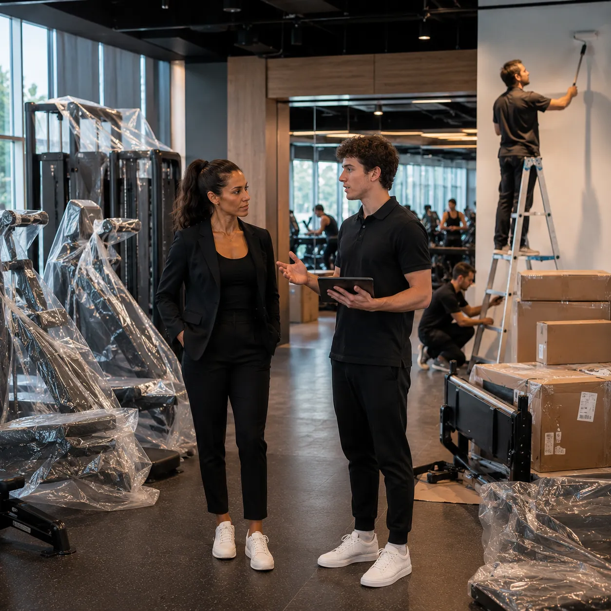 Femme propriétaire de gym qui parlent des agrandissement avec son employé. Un peintre travail en arrière et il y à plusieurs machines de gym sous des pélicules de plastiques pour les protégés de la poussière des rénovations