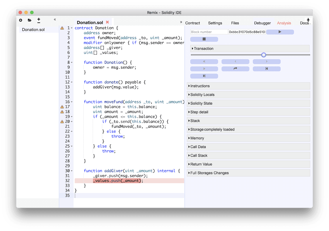 Debug deployed Donation.sol in Remix