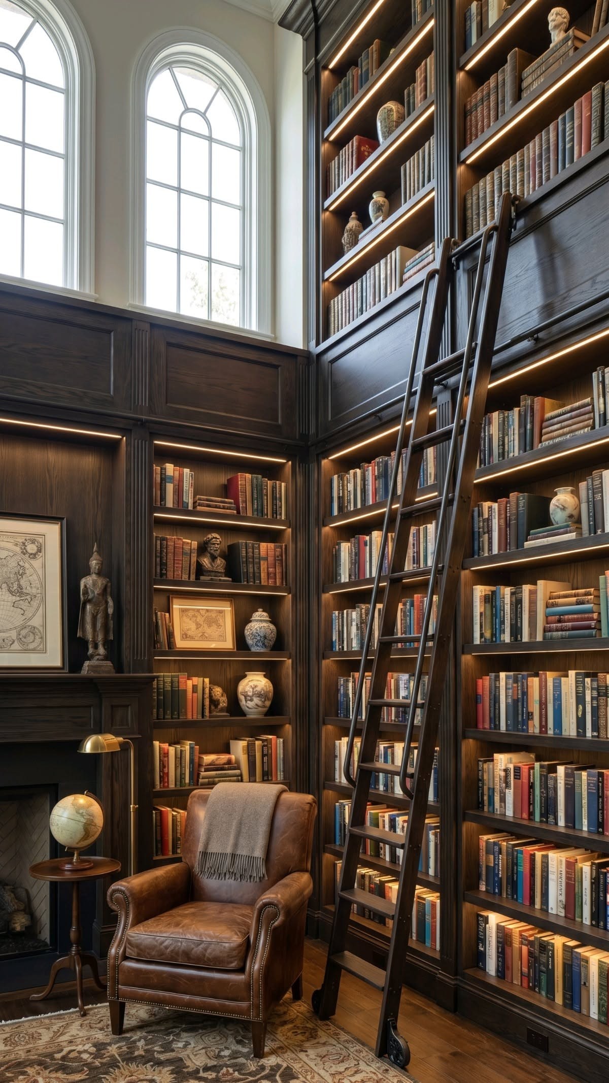 Bright library with tall arched windows, illuminated shelves, ladder, and a leather armchair.