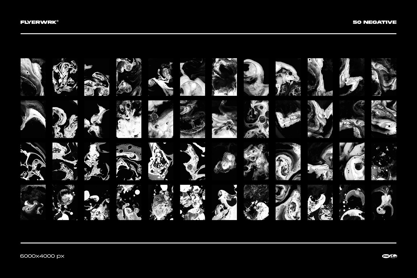 Milch ink in milk textures grid overview showing fifty high resolution black and white negative backgrounds