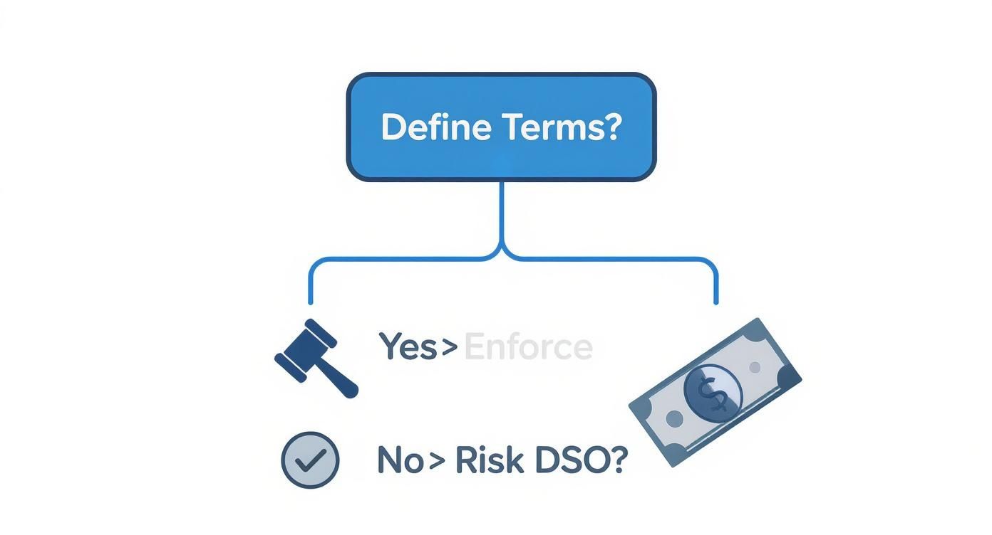 A flowchart showing 'Define Terms?' leading to 'Yes> Enforce' with a gavel, or 'No> Risk DSO?' with a checkmark and money.