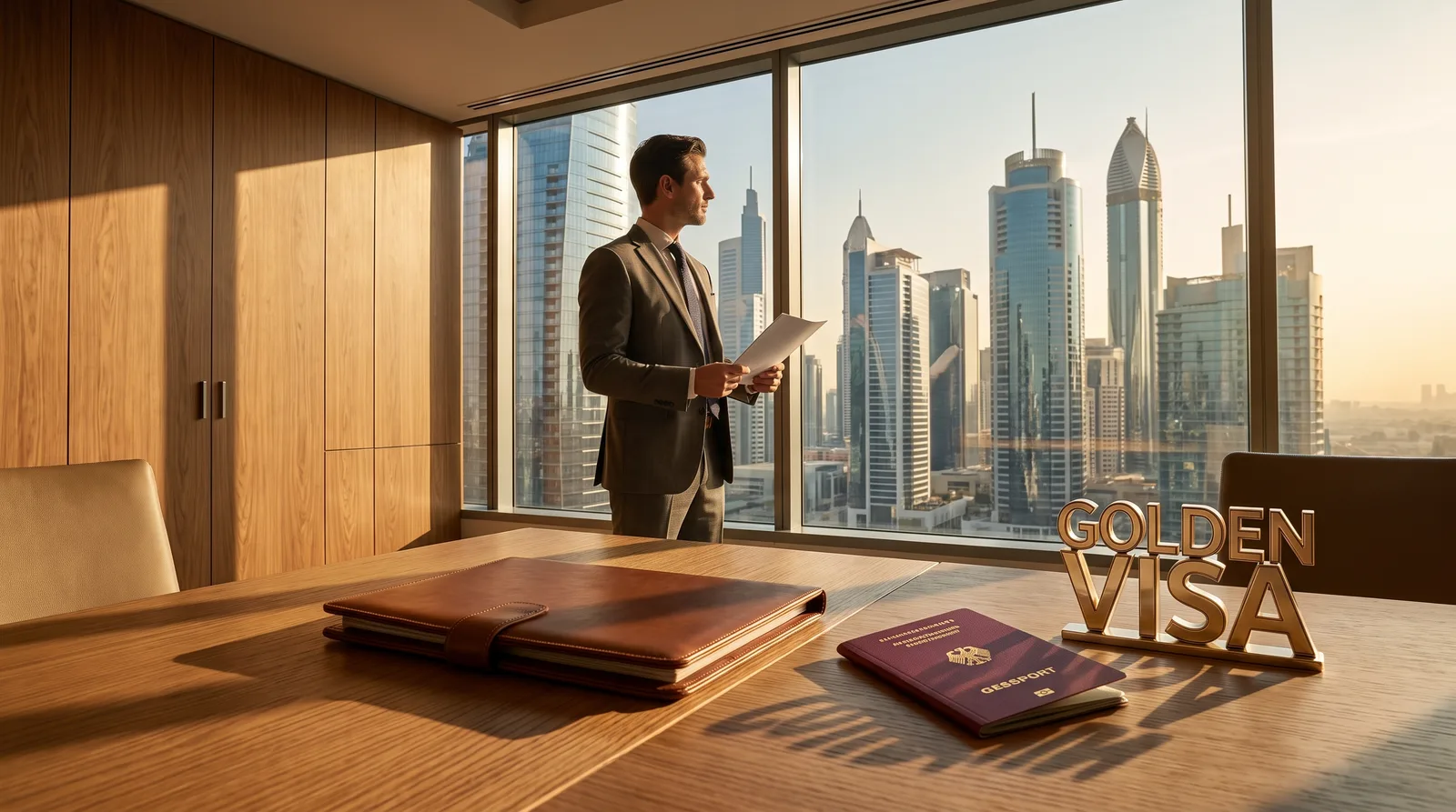 German founder reviewing UAE residency visa paperwork at a bright Dubai office