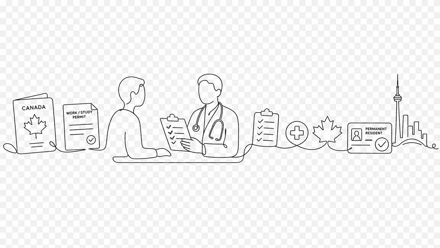 Continuous contour line illustration of a gender-neutral client consulting with a panel physician, with Canadian immigration documents, checklist, medical symbol, maple leaf, and Toronto skyline, representing the TR to PR pathway, immigration medical process, immigration exam, and GTA Immigration Physicians.