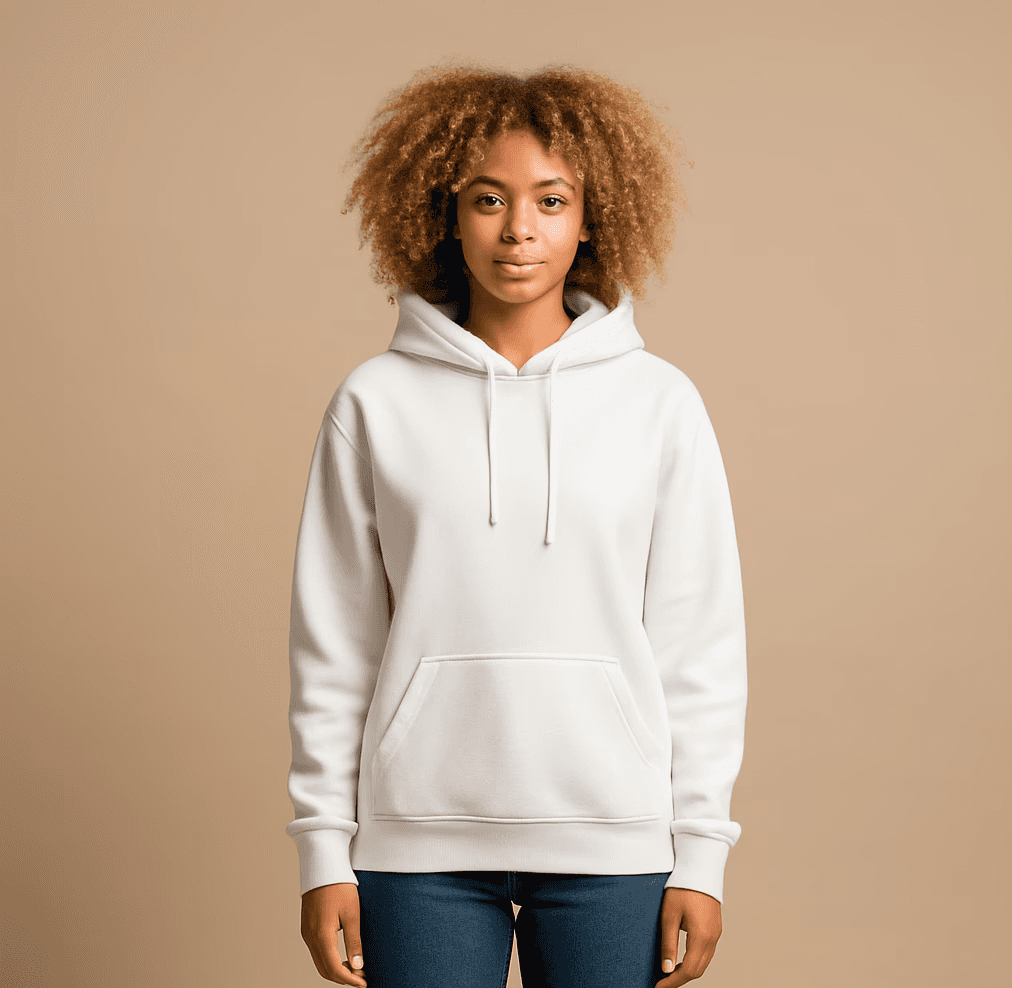 mixed race woman wearing white hoodie