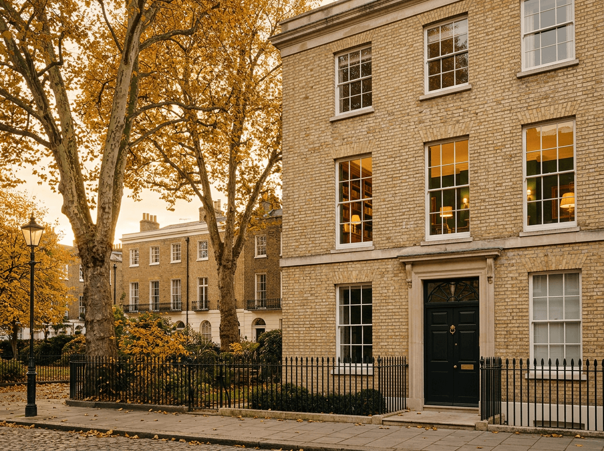 Georgian London townhouse facade with autumn plane trees and warm brick at golden hour.