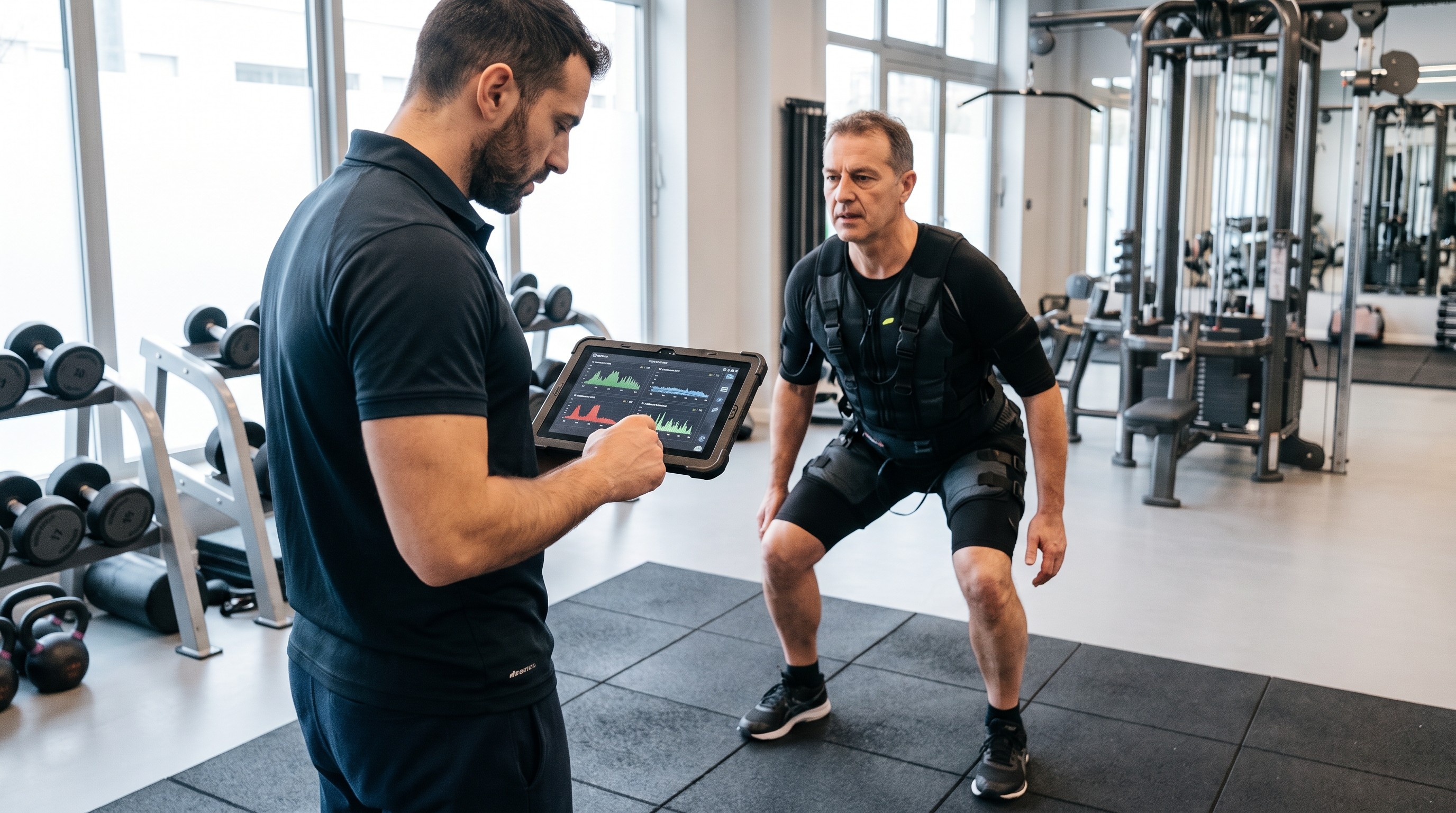 EMS Trainer certificato AIF monitora intensità sessione su cliente adulto in studio professionale