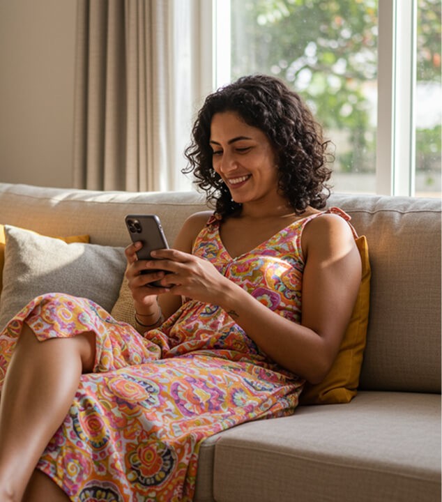 Uma mulher sentada em um sofá, sorrindo enquanto usa seu smartphone, cercada pela luz natural de uma janela.