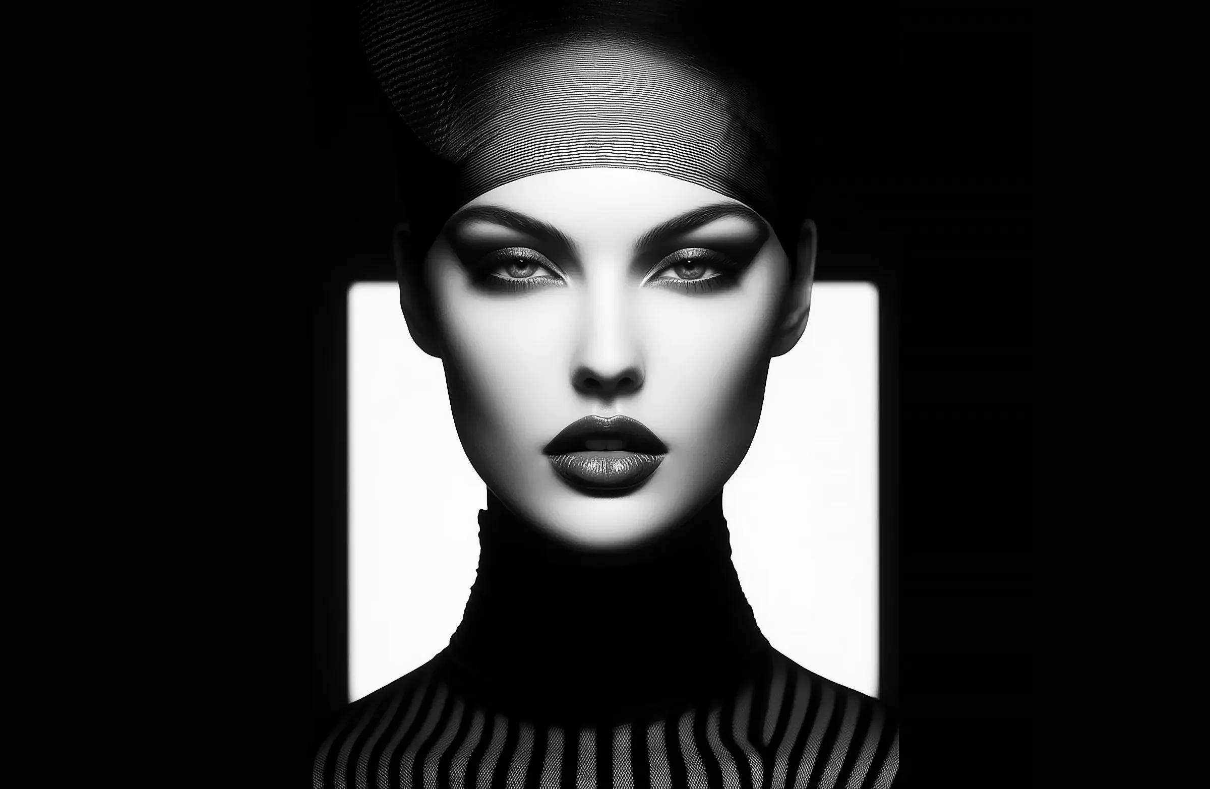  Striking Black and White Portrait Futuristic black and white portrait of a woman with dramatic makeup and a high-necked striped garment.