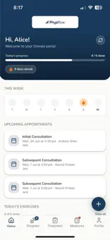Physiflow app interface shown on a smartphone screen