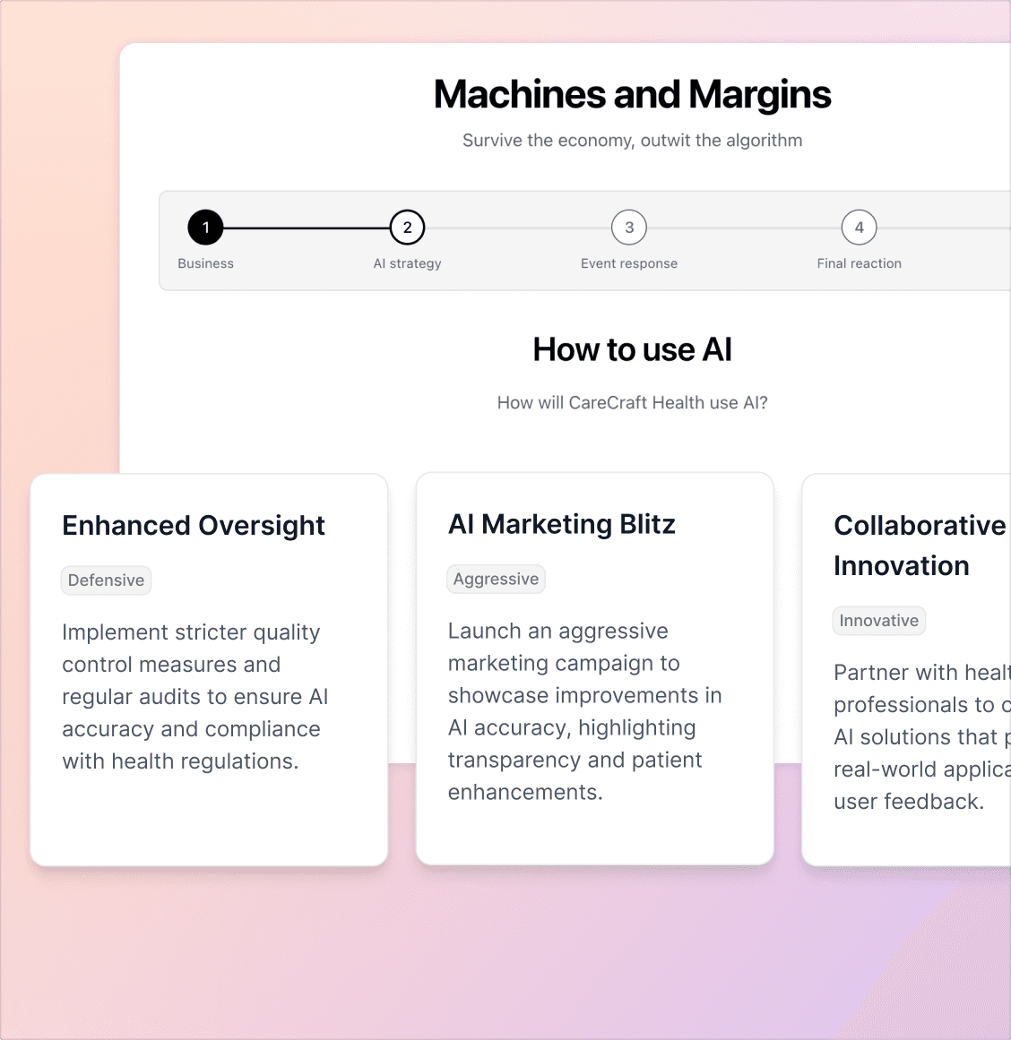Image of a multi-step game that draws cards that users can choose. Named Machines and Margins. 