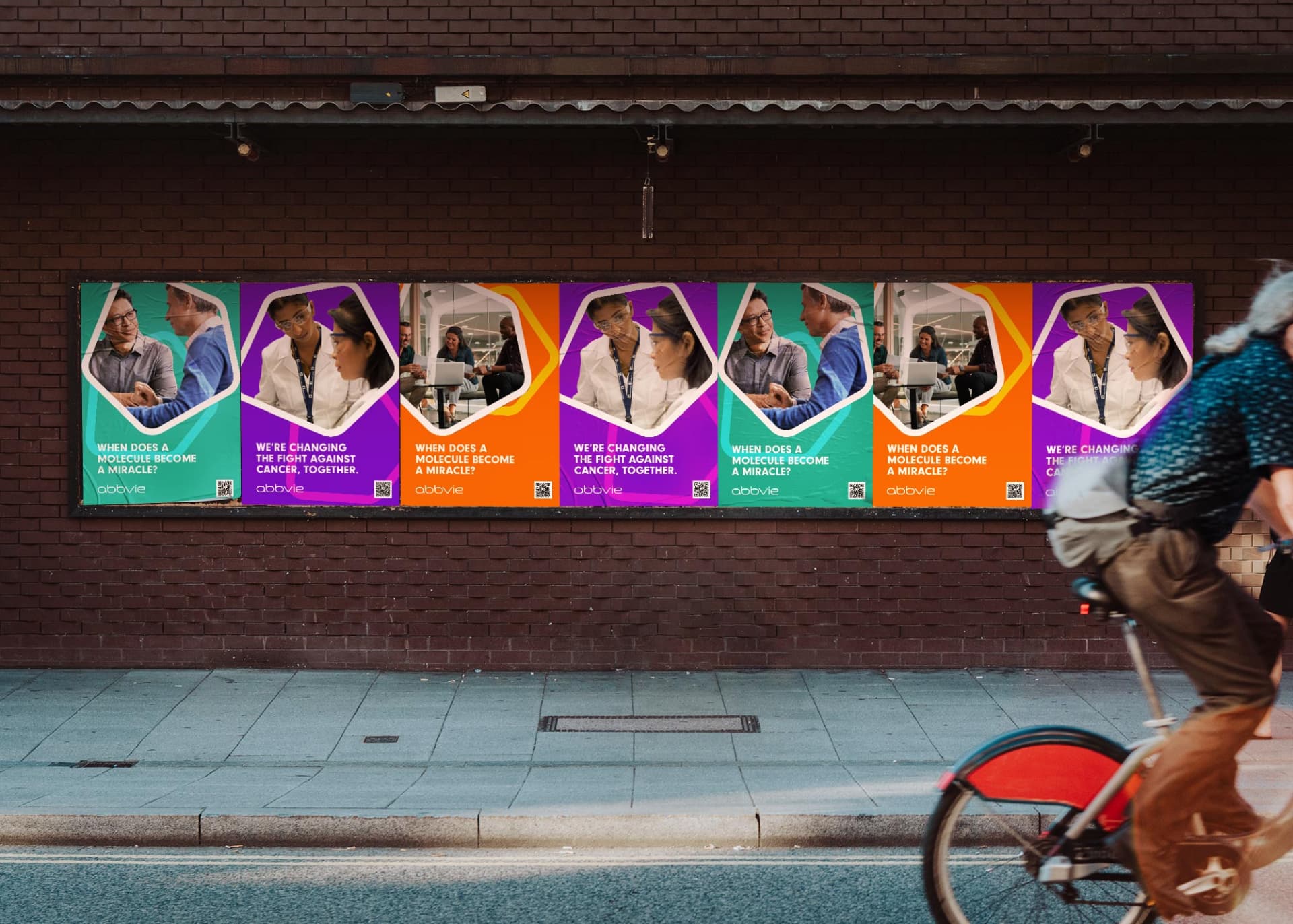 Design example of AbbVie's recruitment marketing on posters in an urban environment like a university