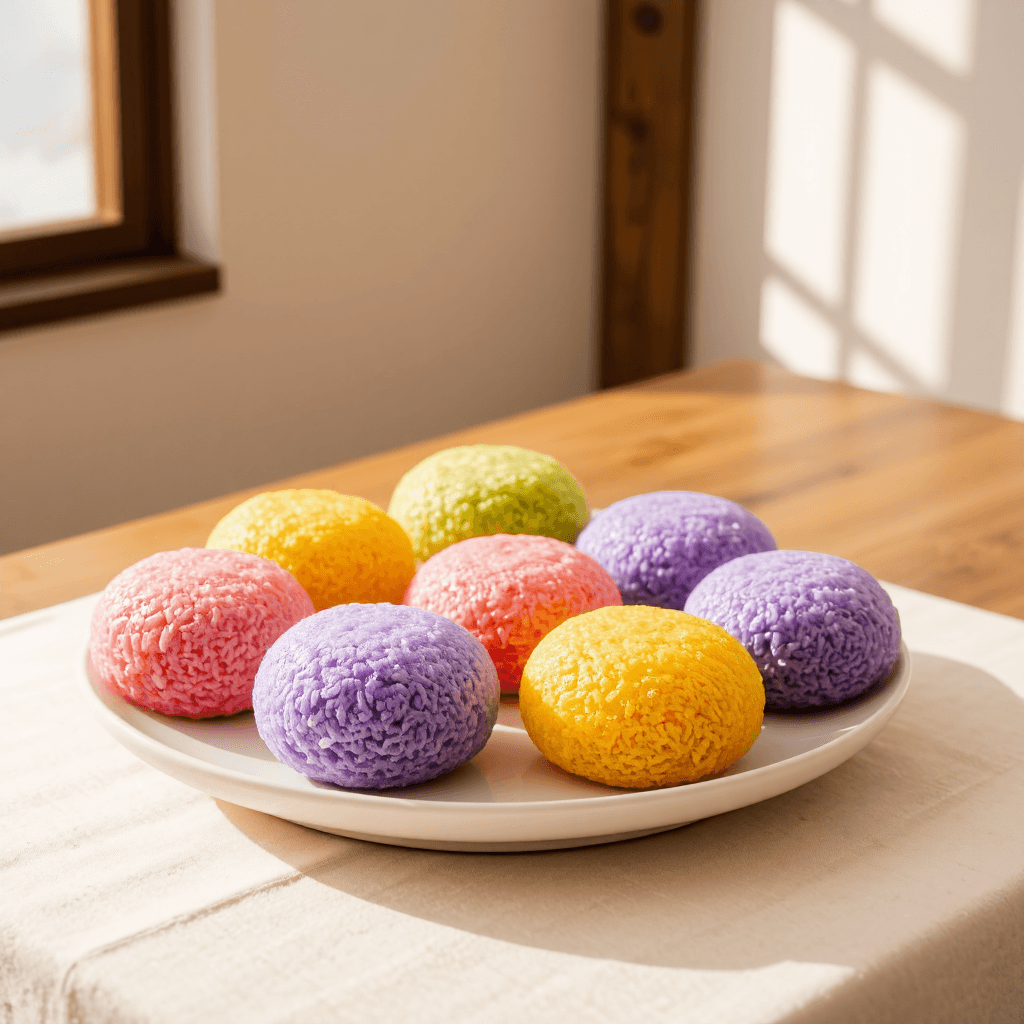 product photography of plate of colorful rice cakes