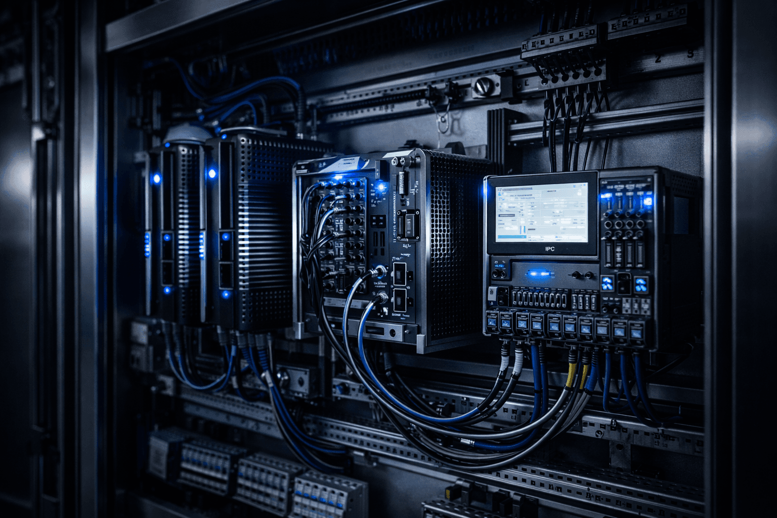 a computer keyboard with a blue light on it