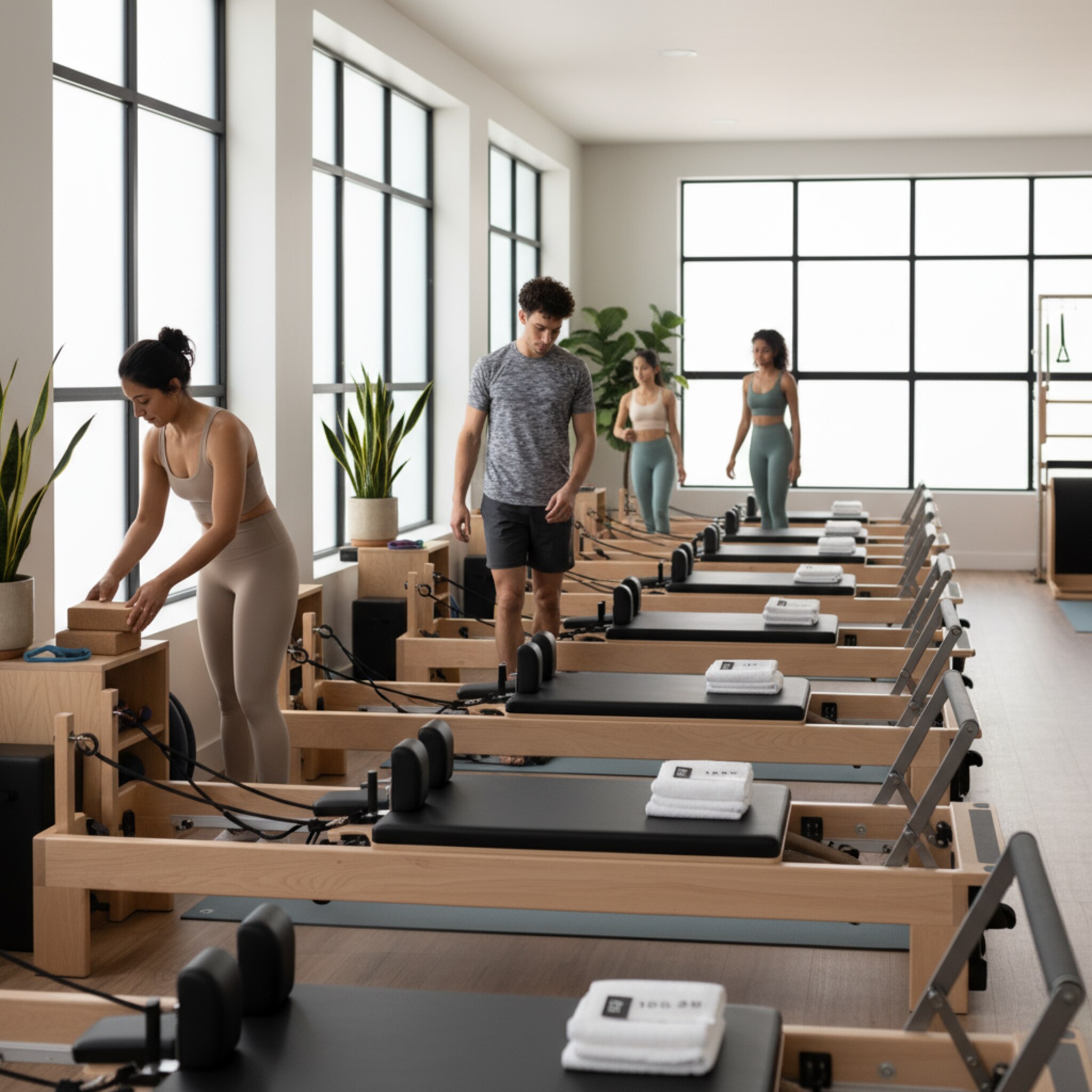 Ein heller Raum mit parallel angeordneten Reformern und Matten schafft klare Linien. Eine Assistenz legt einen zusätzlichen Block bereit, während der Trainer die Stationen prüft. Die getrennten Bereiche machen Kapazitäten sichtbar. Das Licht ist frisch, die Szene vermittelt Struktur, Übersicht und Planungssicherheit.