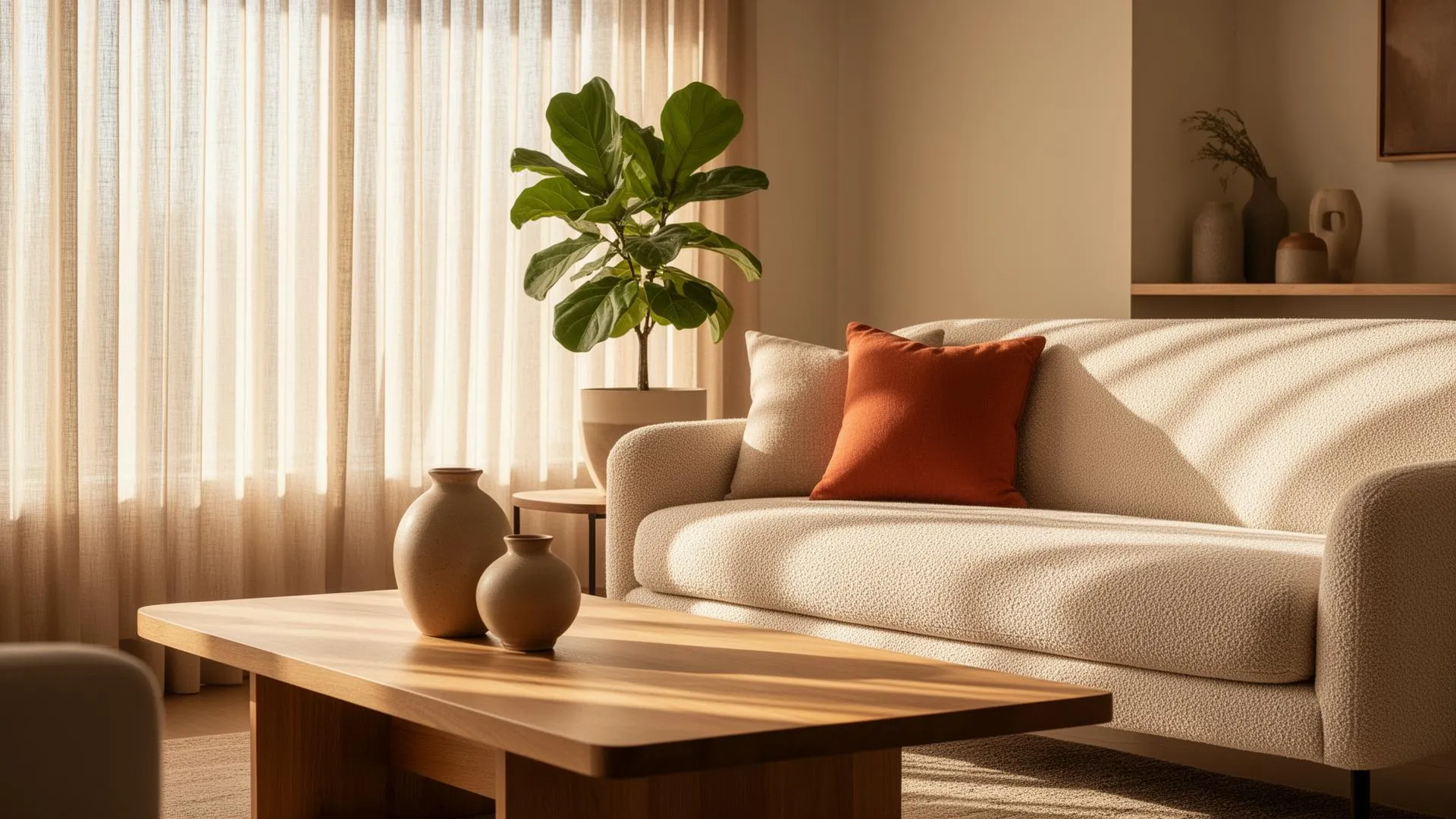 Warm minimalist living room with a modern sofa, wooden coffee table, indoor plant, and soft natural sunlight through curtains