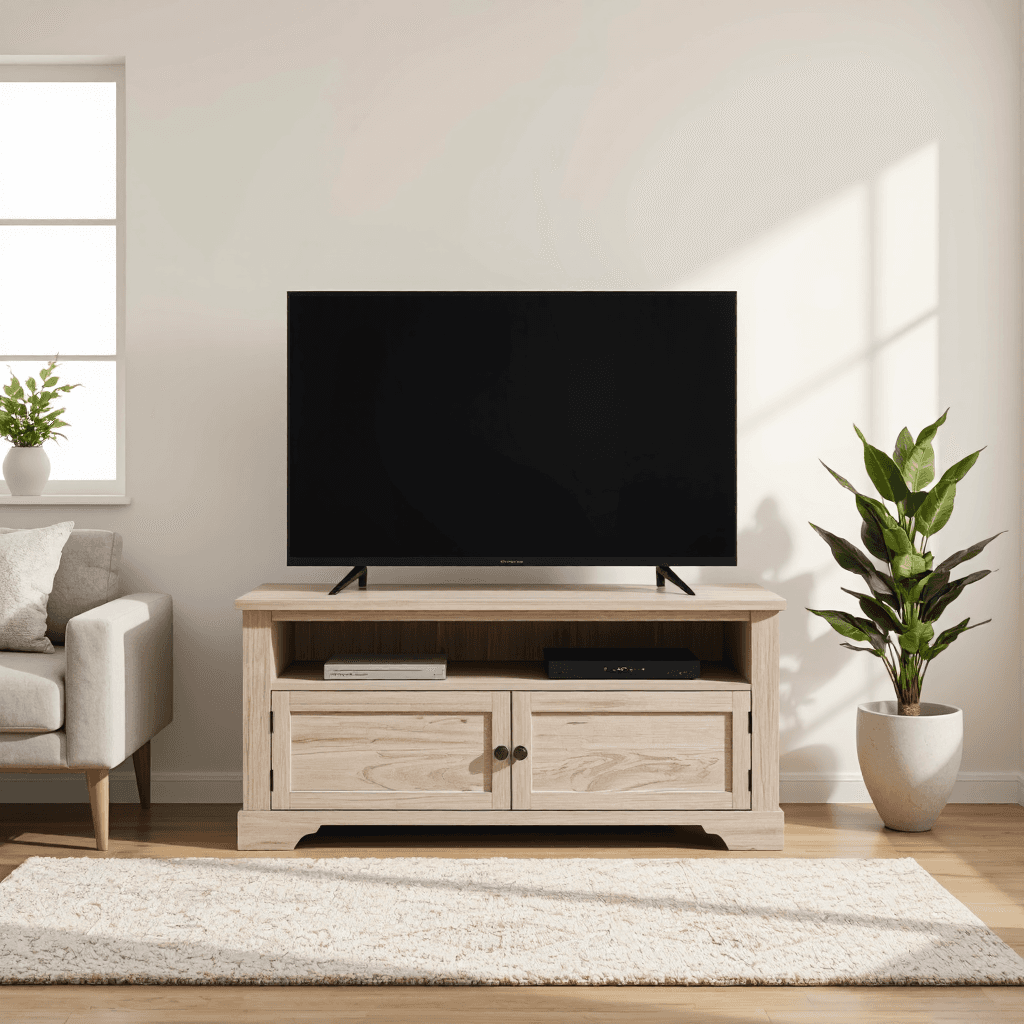 product photography of a wooden TV stand with storage compartments