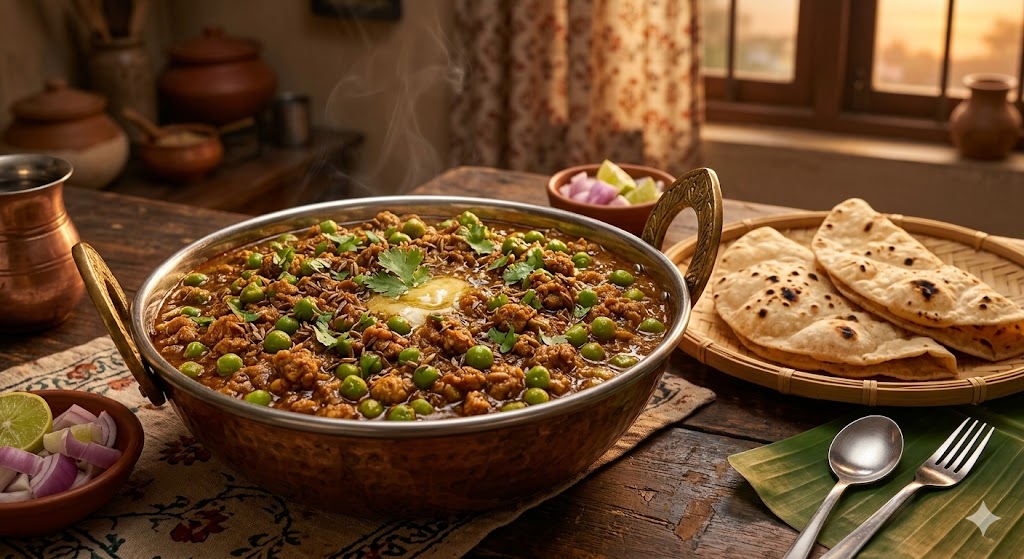 A steaming copper bowl of Soya Keema Matar (minced soy granules with peas) in a rich masala gravy, garnished with coriander and melted butter, served with fresh rotis, onions, and limes on a rustic wooden table in a homestyle Indian kitchen setting.