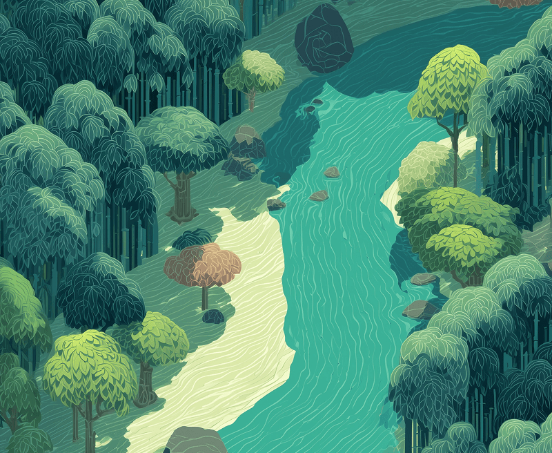 A vibrant illustration depicting a winding river nestled within a dense forest, showcasing rich greenery and tranquility.