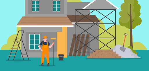 Illustrated worker standing in front of house during home extension construction