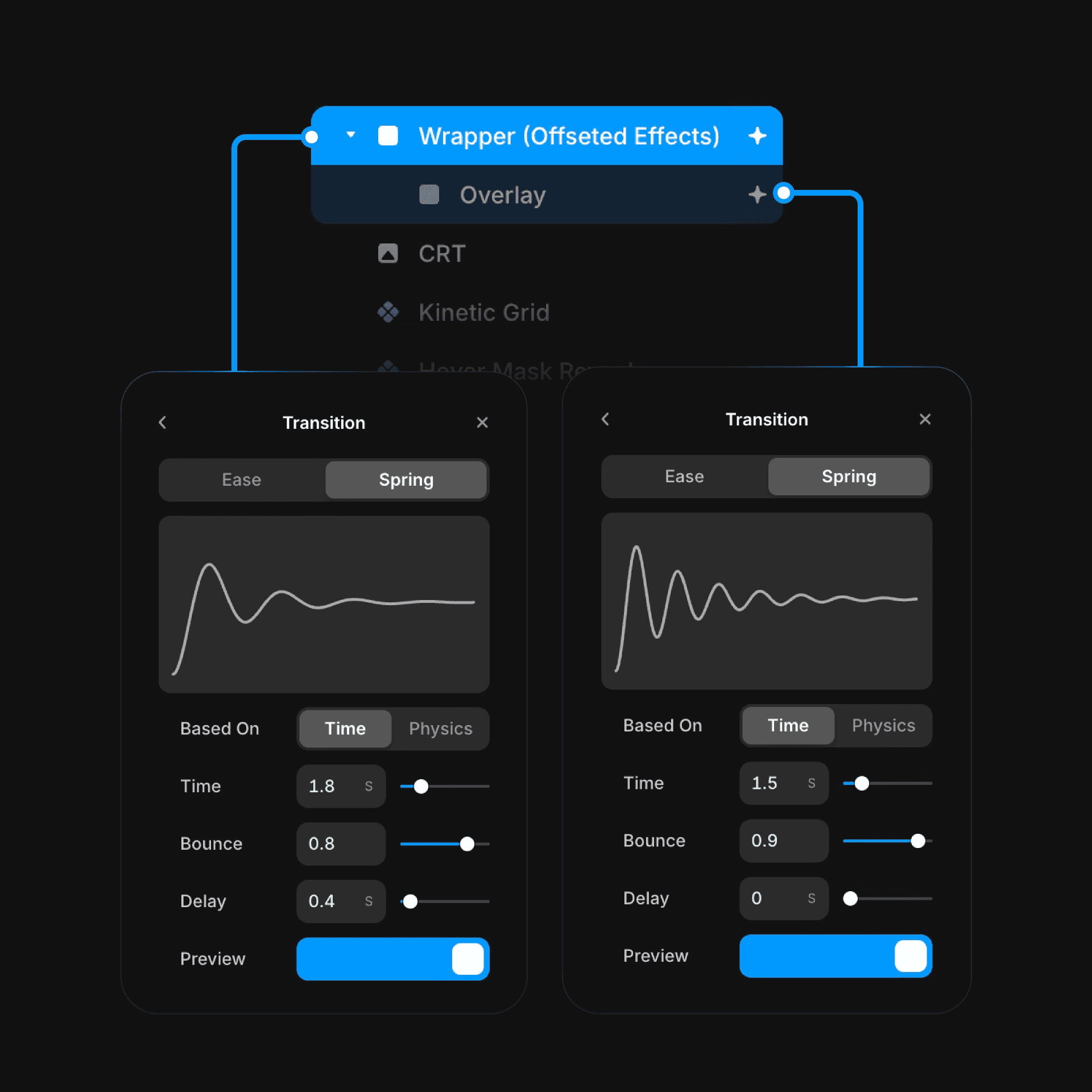 Framer spring transition settings panels comparison