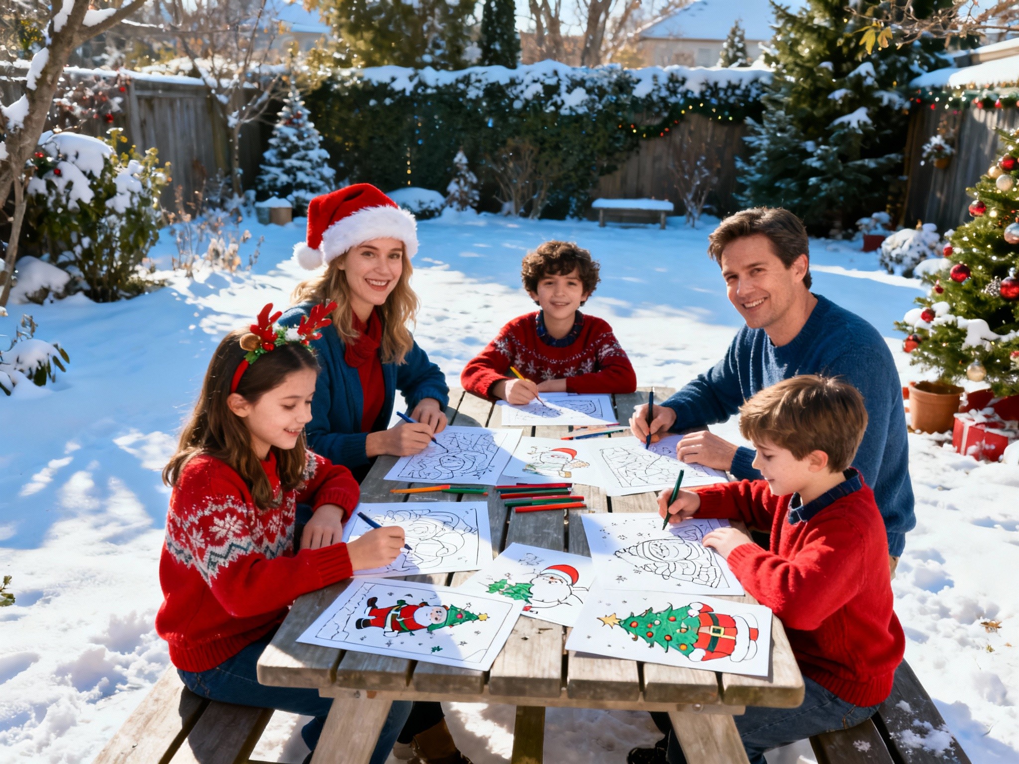 A bright morning outdoor setting in a snowy garden, framed in a perspective showing a family