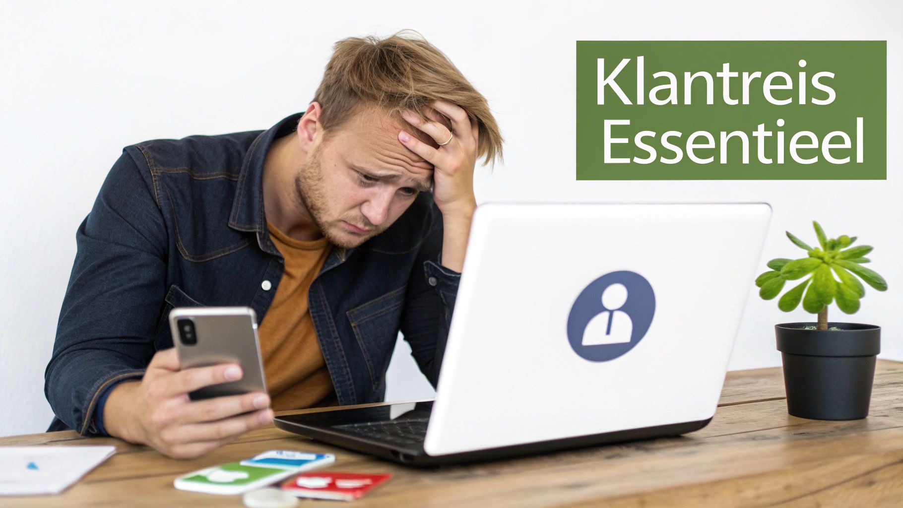 Gestresste man kijkt naar zijn telefoon, met een laptop en de tekst 'Klantreis Essentieel'.