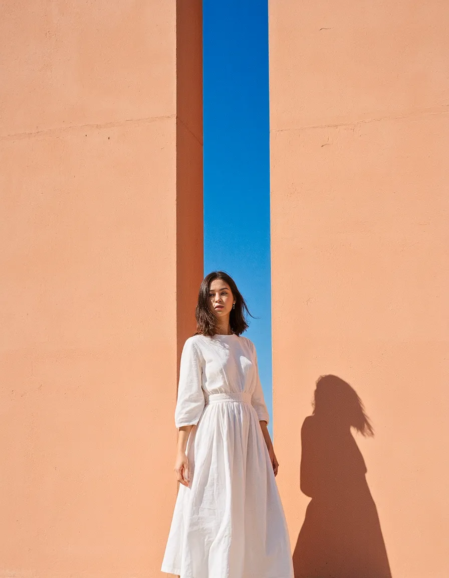 White dress against terracotta walls with blue sky visible through narrow opening, creating dramatic minimalist composition with shadow play