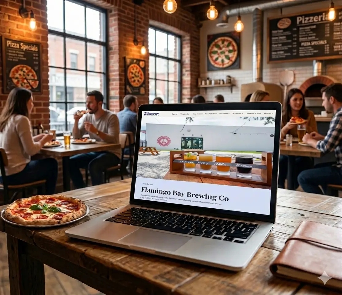 an open laptop on a table in a pizza restaurant in bradenton, fl