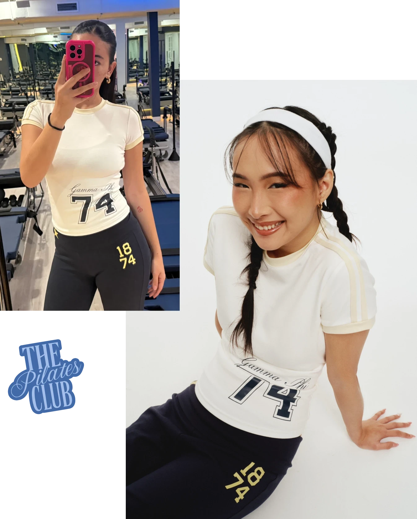 Photos of girls wearing a cream ringer tee with “Gamma Phi 74” and navy leggings with “1874,” plus a white headband and braided hair.