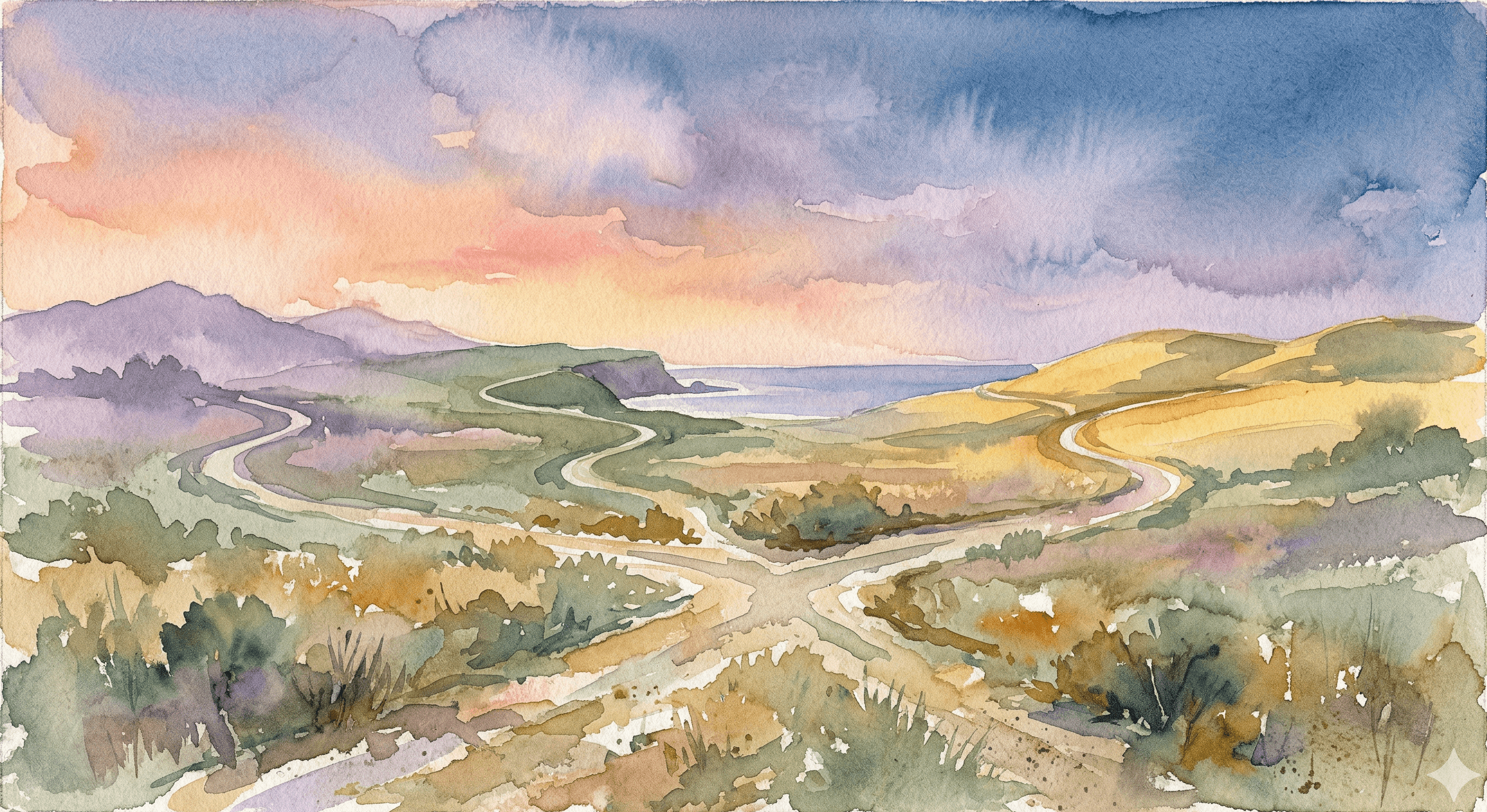 Watercolor crossroads at dusk with paths leading to mountains, coast, and hills