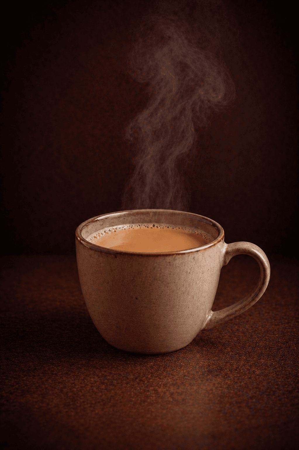 Hot Milk Tea steaming in a ceramic mug at Café Sherpa's café, Brookfield WI. Warm black tea with non-dairy creamer and sweet condensed milk, smooth and comforting.