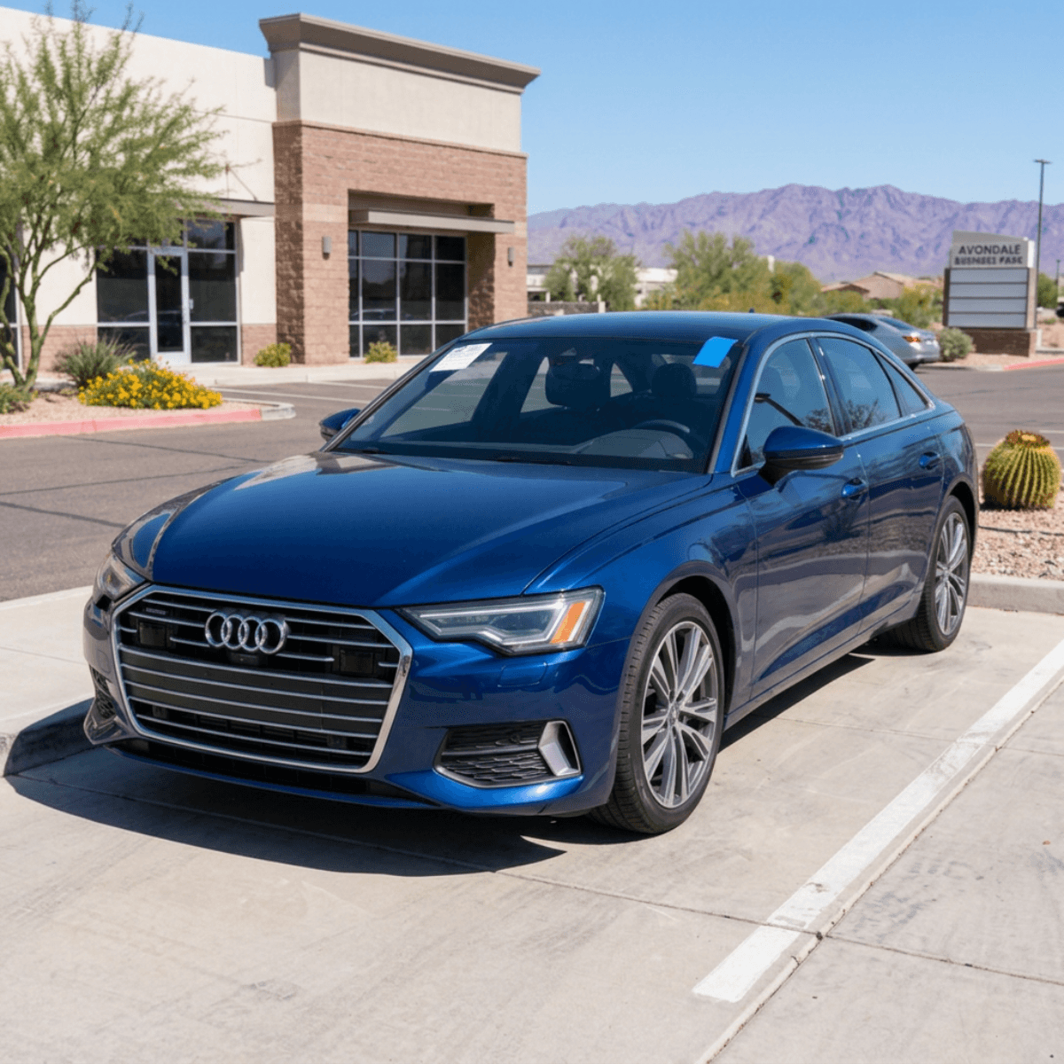 Blue Audi A3 sedan showcasing a completed windshield installation at an Avondale, Arizona residence