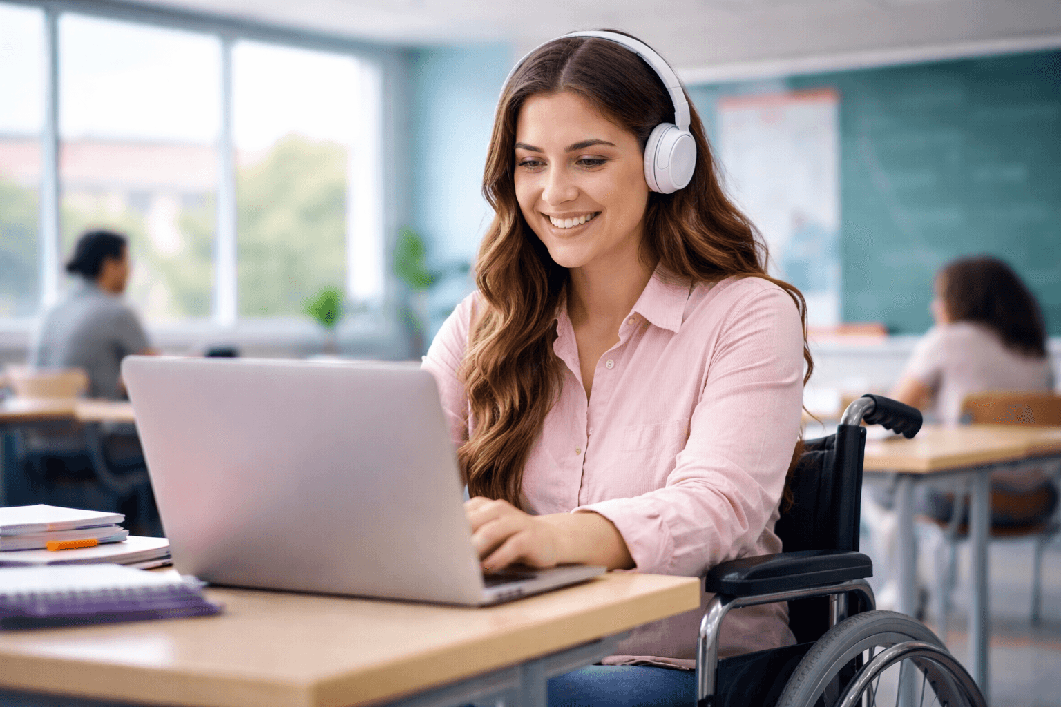 A disabled student happily using Jamworks from her wheel chair