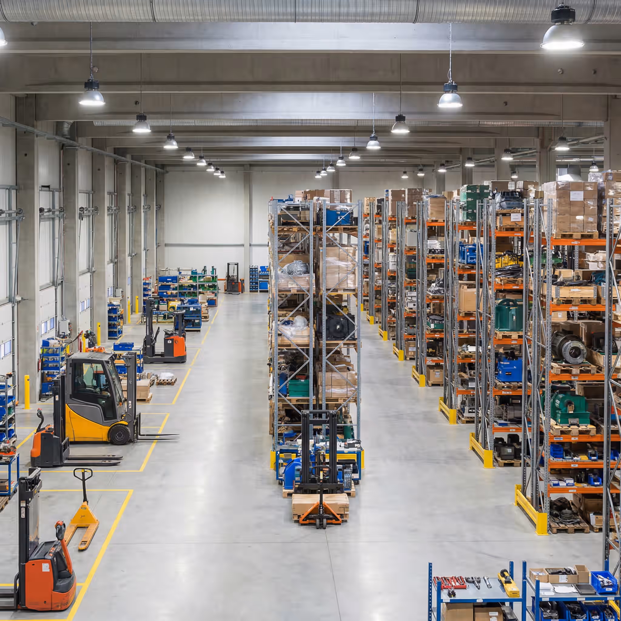 Aerial view of a large industrial warehouse with shelving aisles, forklifts, and stacked inventory.
