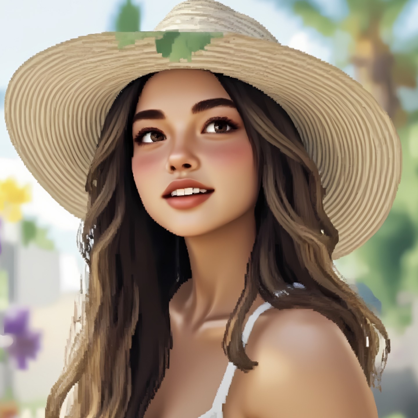 "Smiling woman wearing a straw hat with a PS2 filter style effect, standing outdoors with a sunny, vibrant background.