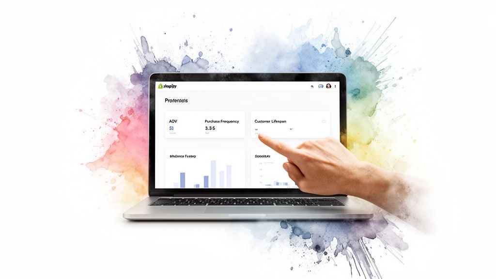 A hand pointing at customer lifespan metrics on a laptop's business analytics dashboard.
