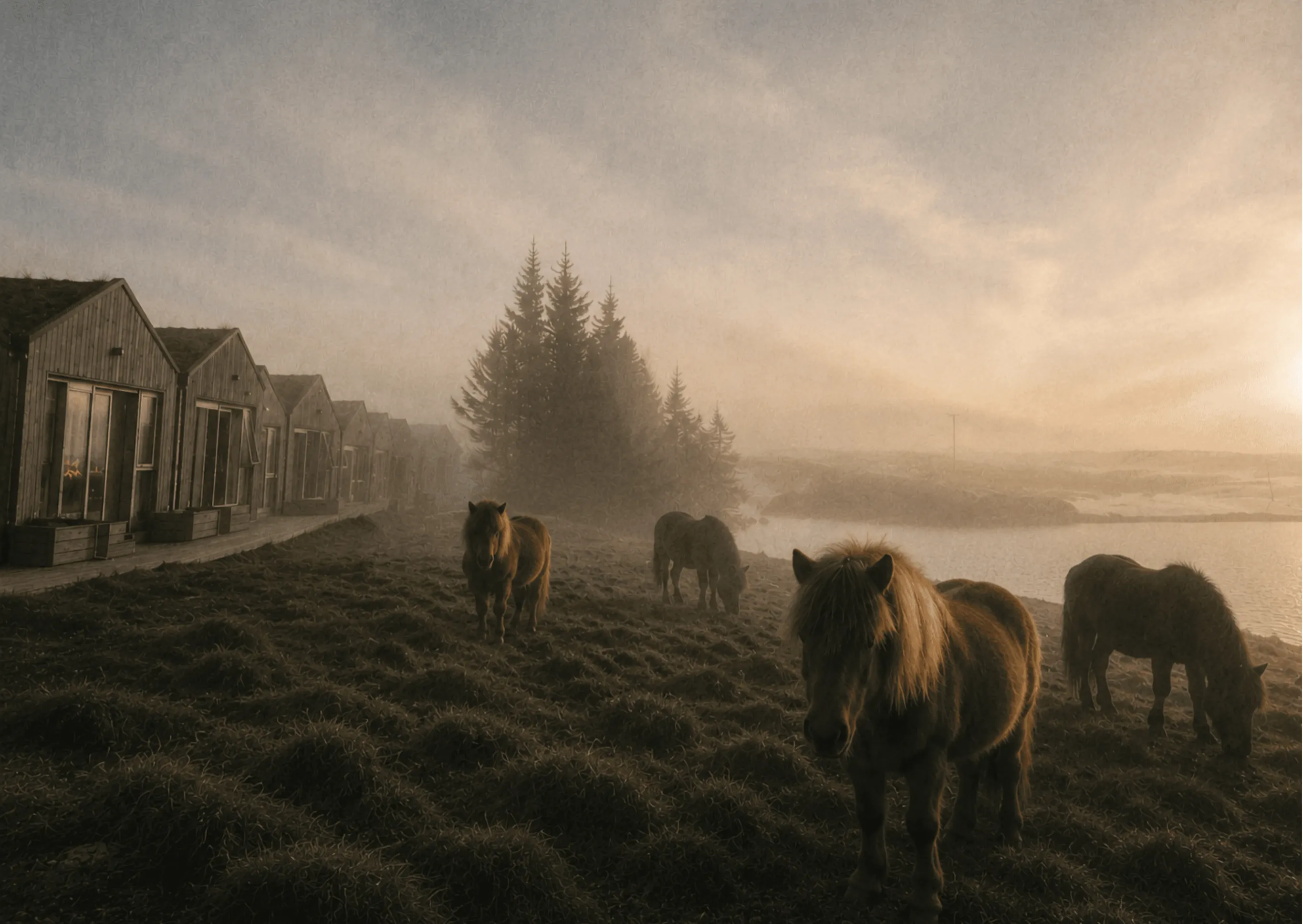 Field with a wild horse and cozy foggy morning