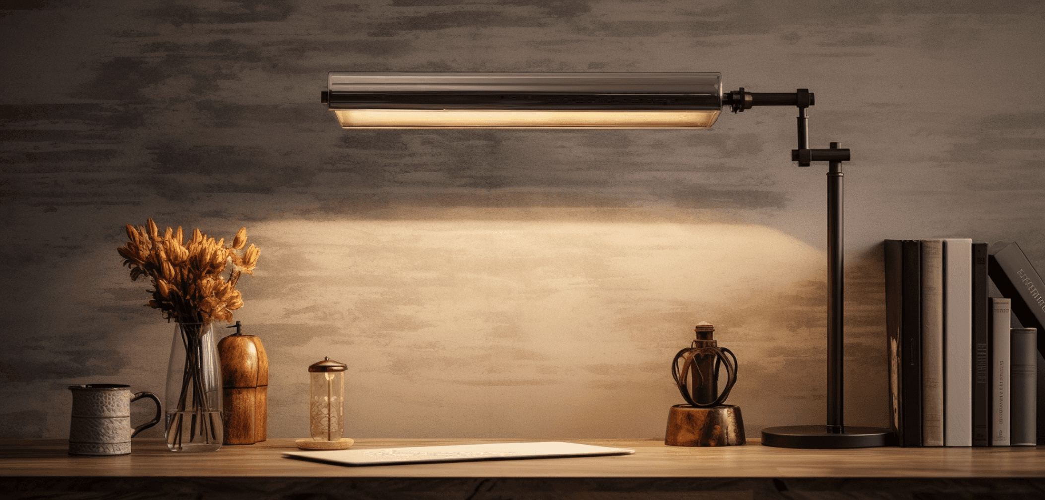 Warm-toned desk lamp illuminating a cozy wooden workspace with books, dried flowers, and vintage decor, creating a calm and inviting atmosphere.