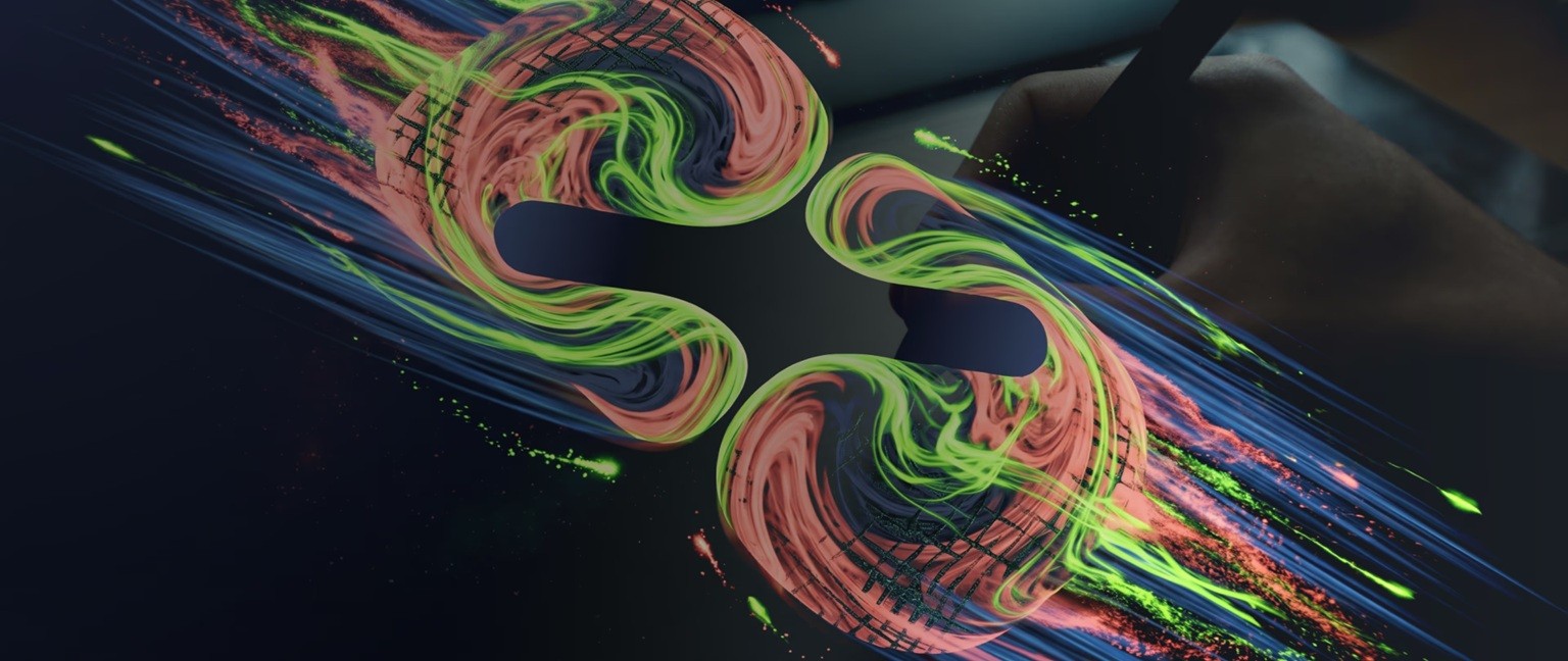 abstract 3D animation artwork featuring fluid green, coral, and blue motion trails