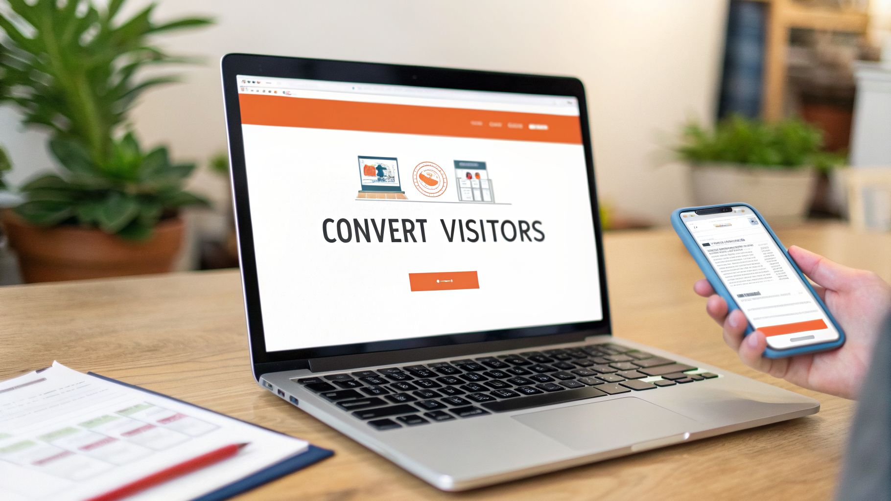 A laptop displays 'Convert Visitors' on a website, while a person holds a smartphone, illustrating digital marketing.