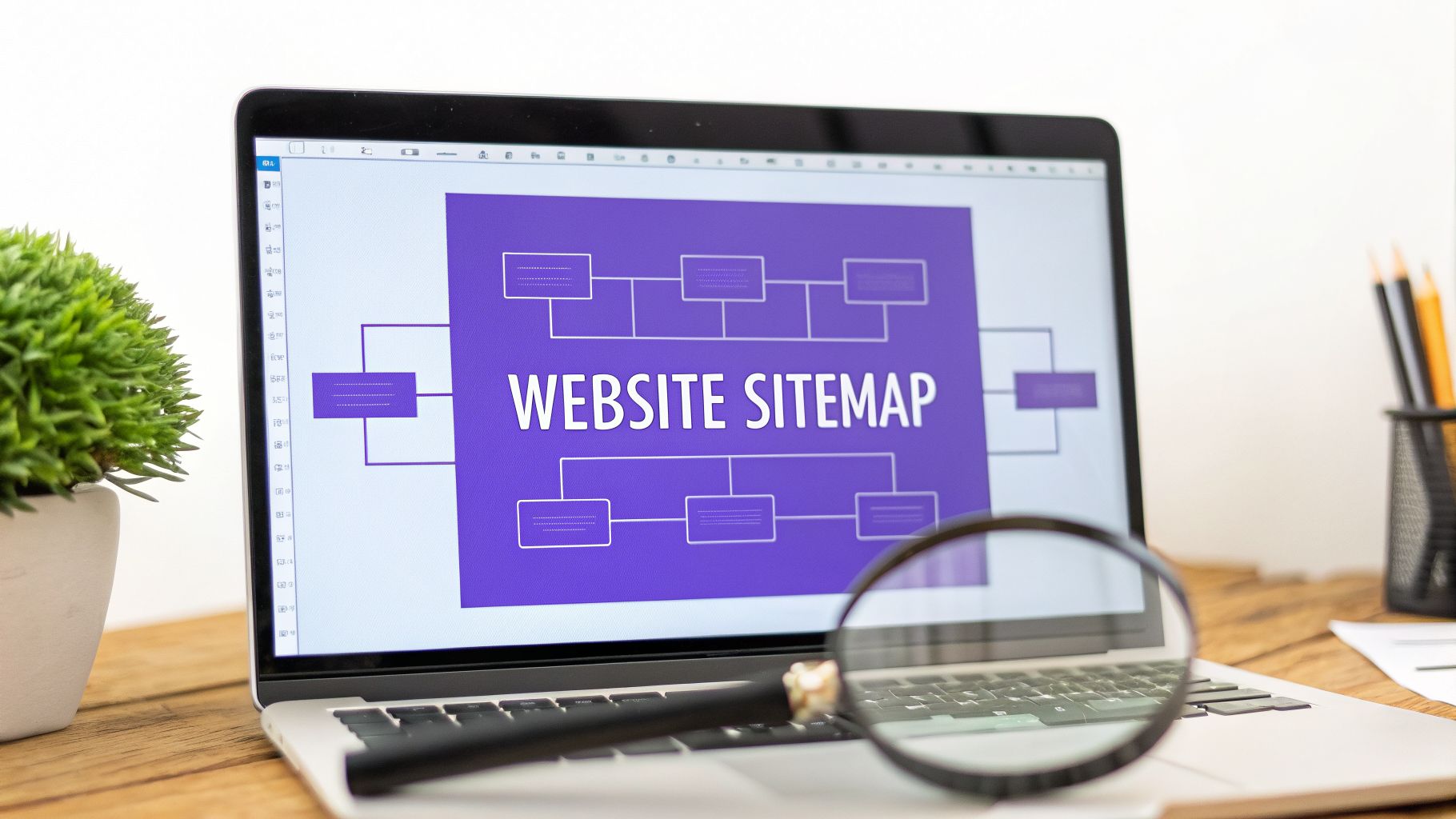 a laptop with a purple diagram being shown and text 'website sitemap'