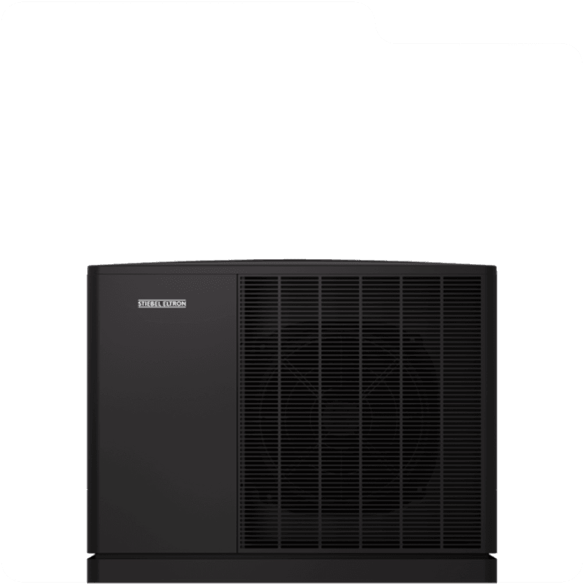 Eine moderne schwarze Wärmepumpe mit stilvollem Design und flacher Frontblende.