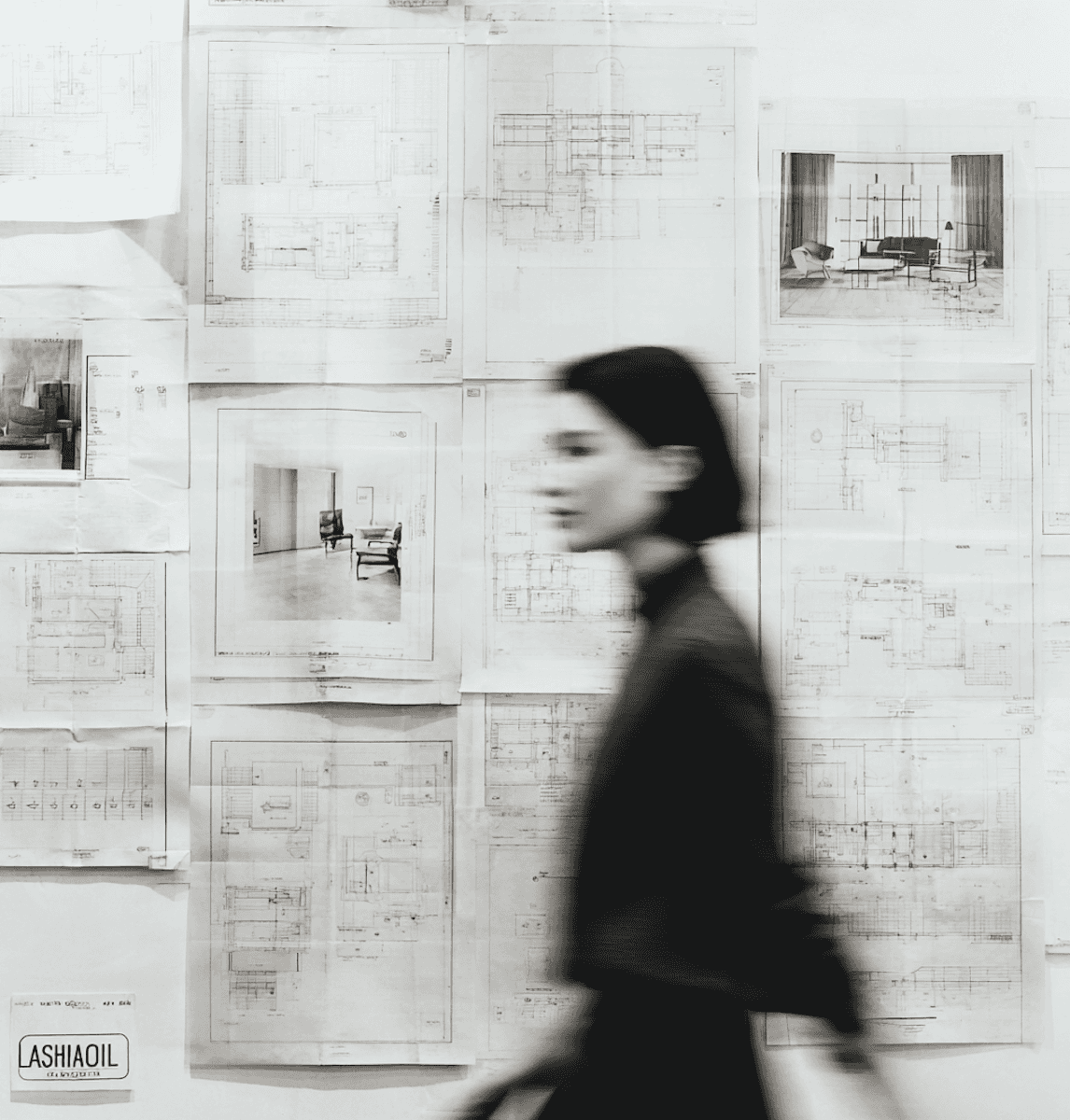 Black and white image of a blurred person walking past architectural plans.