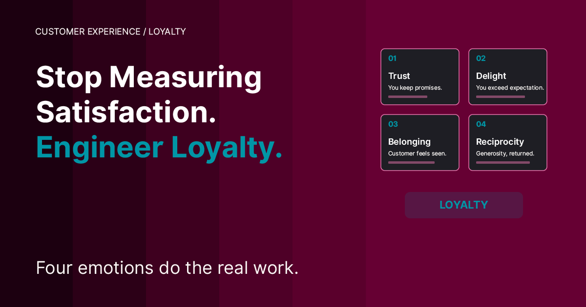 Burgundy cover. Headline — Stop Measuring Satisfaction. Engineer Loyalty. Right side — a 2x2 grid of Trust, Delight, Belonging, and Reciprocity above a teal LOYALTY pill. Subheadline — Four emotions do the real work.