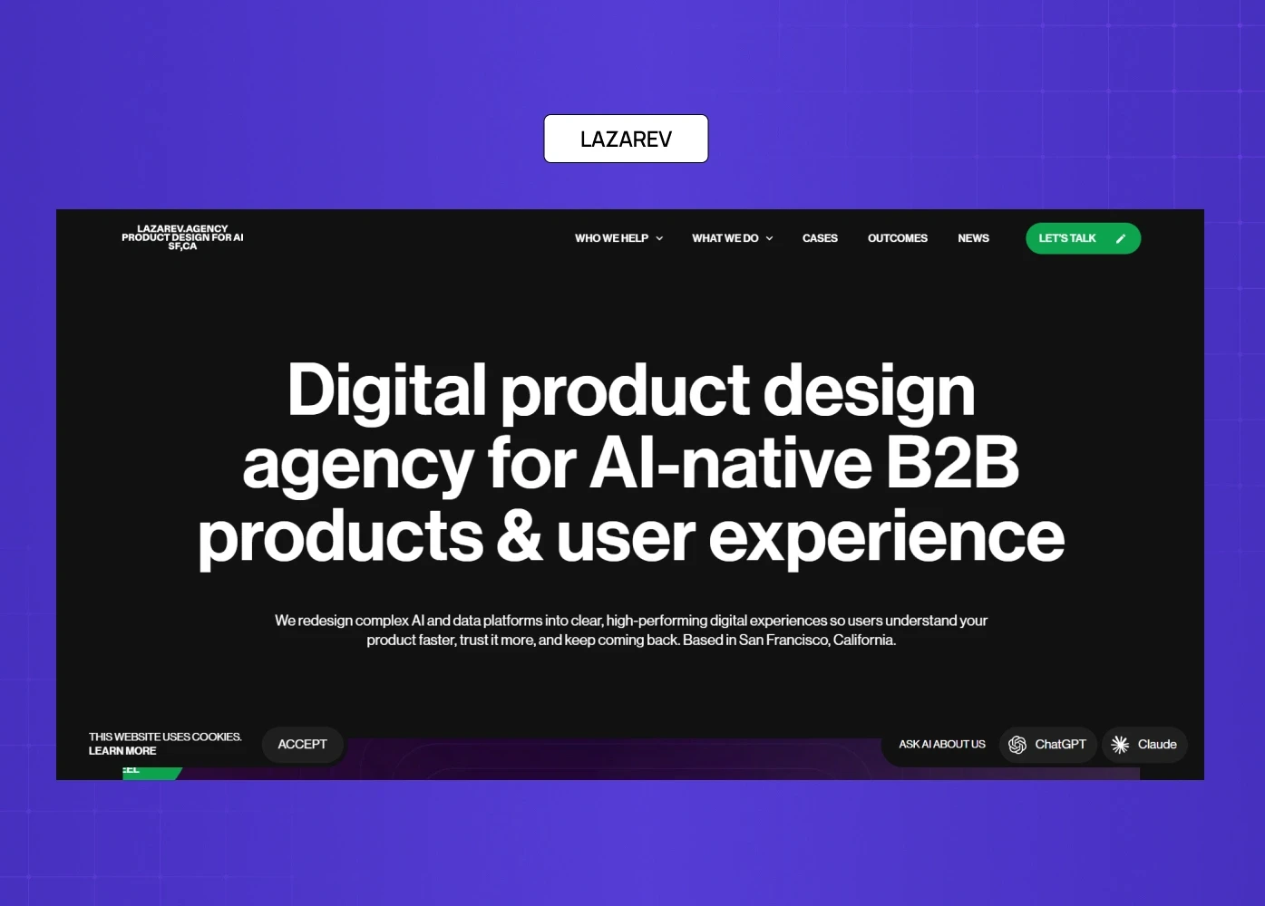 Lazarev AI-focused product design agency homepage with bold typography and dark interface.