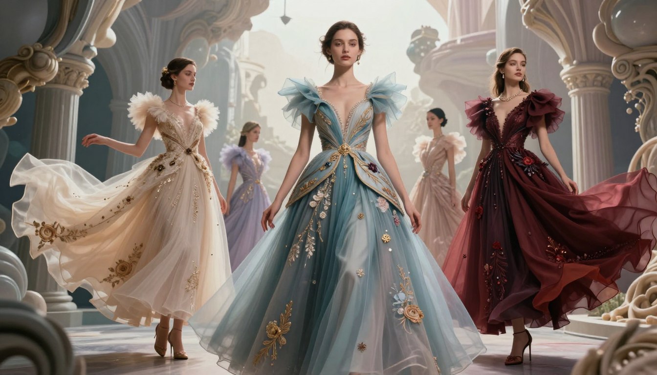 surreal luxury fashion photography featuring AI models in artistic environments